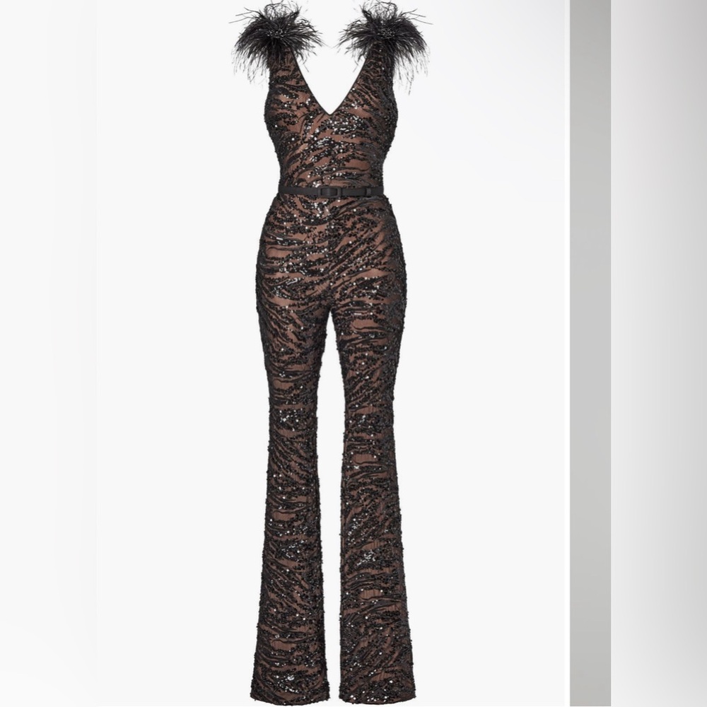 Jenna Ostrich Feather Trim Sequin Belted Jumpsuit